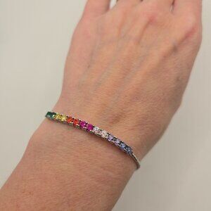 Sterling Silver Adjustable Rainbow Tennis Bracelet With Multicolor CZ Stones